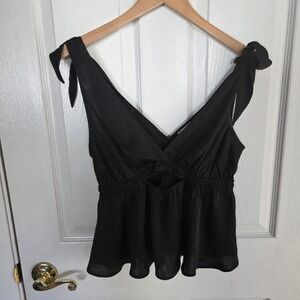 Intimately Free People Black Tie Shoulder Peplum Camisole Top V Neck Cutout Sz S